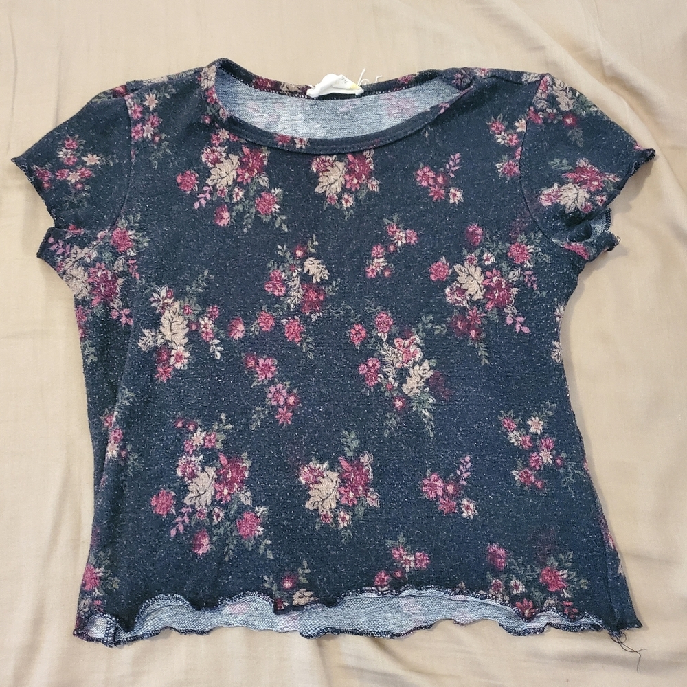 Floral Print Crop Top Tee, Short Sleeve